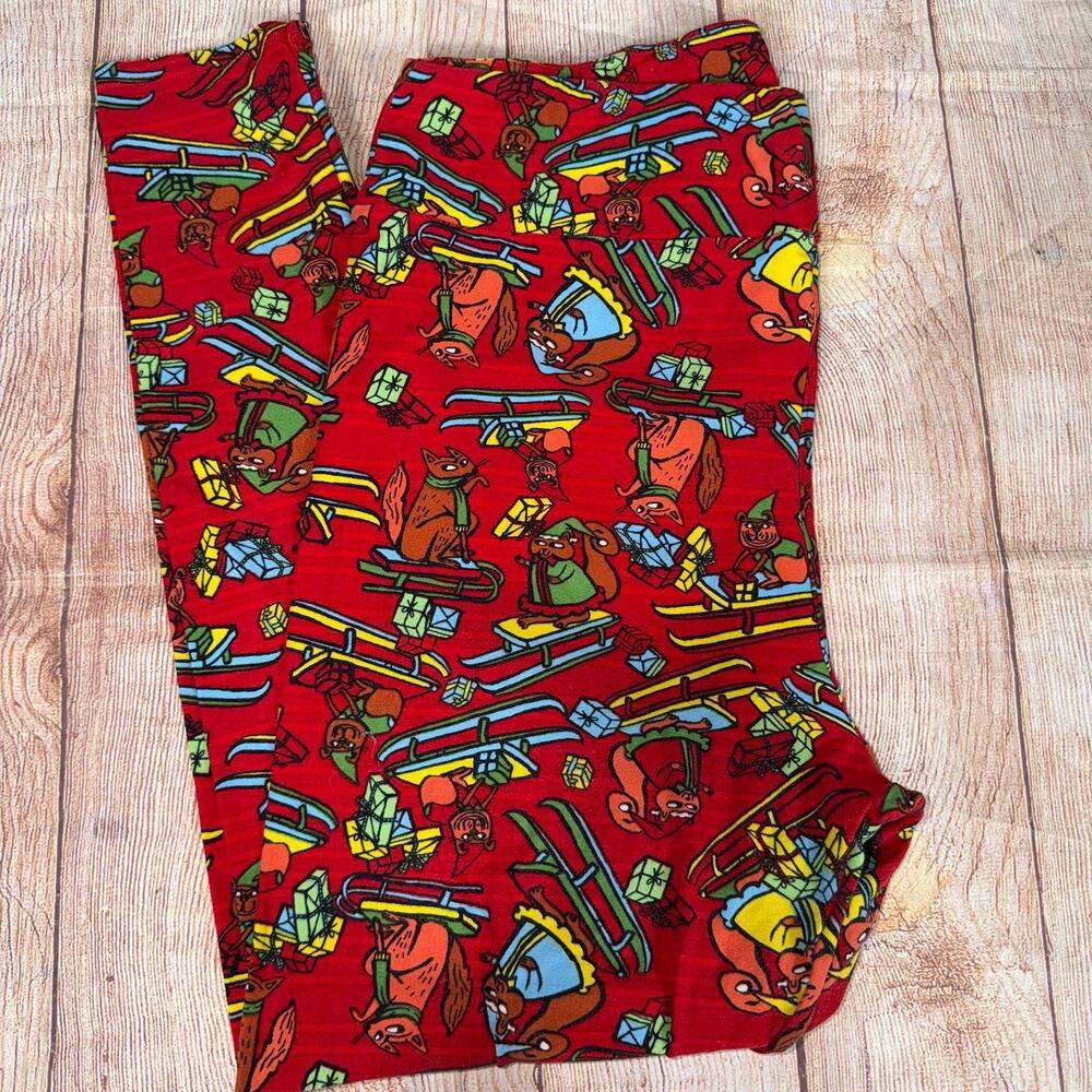 LuLaRoe TC2 Red Holiday Squirrel & Elf Print Leggings